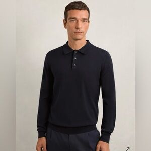 Reiss Trafford Merino Wool Long Sleeve Polo Shirt Navy Button Neck Sweater Sz S
